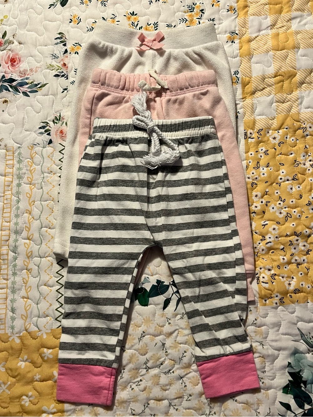 3-Pack EUC Girls' Knit Pants - Gray Stripe, Pink Sweats, White Fleece 6 months